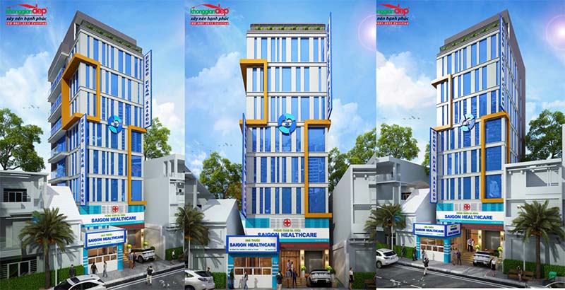 Phối cảnh phòng khám đa khoa với sắc trắng và xanh chủ đạo.